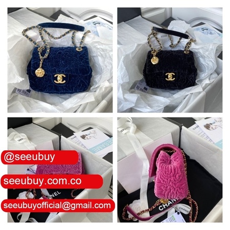 Luxury 7 Star Replica Mini Flap AS2619 Bag Velvet & Gold Metal Rose/Blue/Black