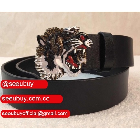 Gucci Replica Leather belt with tiger buckle black