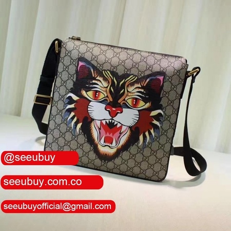 Luxury Gucci Best 473886 Cat print GG Supreme flat messenger