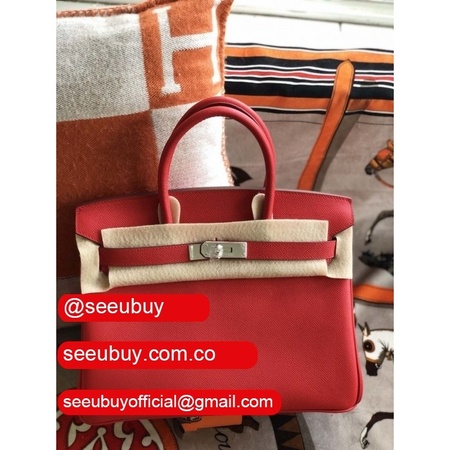 Hermes Birkin 35cm Epsom leather Handbags Red Silver