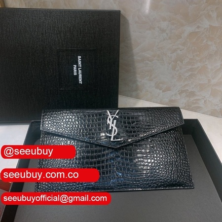 YSL Top Quality Clutch in embossed crocodile shiny black leather