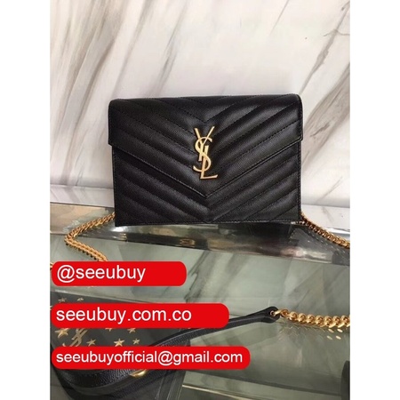 YSL Cheap Monogram chain 19cm black grain de poudre embossed