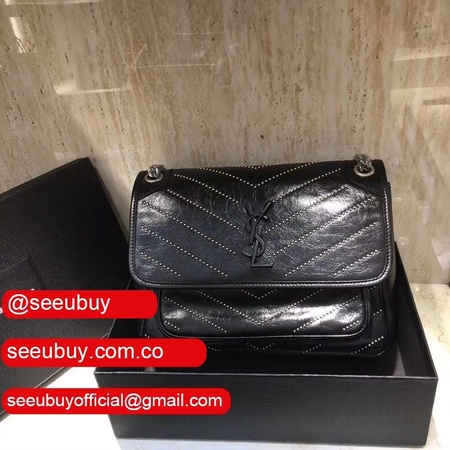 Top Quality YSL Niki 28CM crinkled vintage black leather