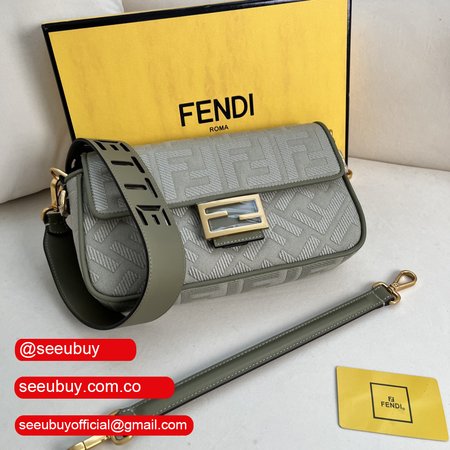 Fendi Baguette Light Green Canvas Bag with FF Embroidery