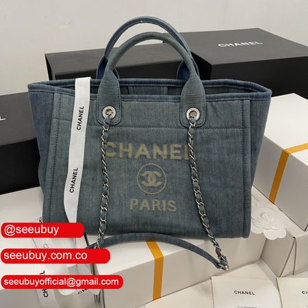 CHANEL 23 Hand Washed Distressed Denim Beach Tote Bag